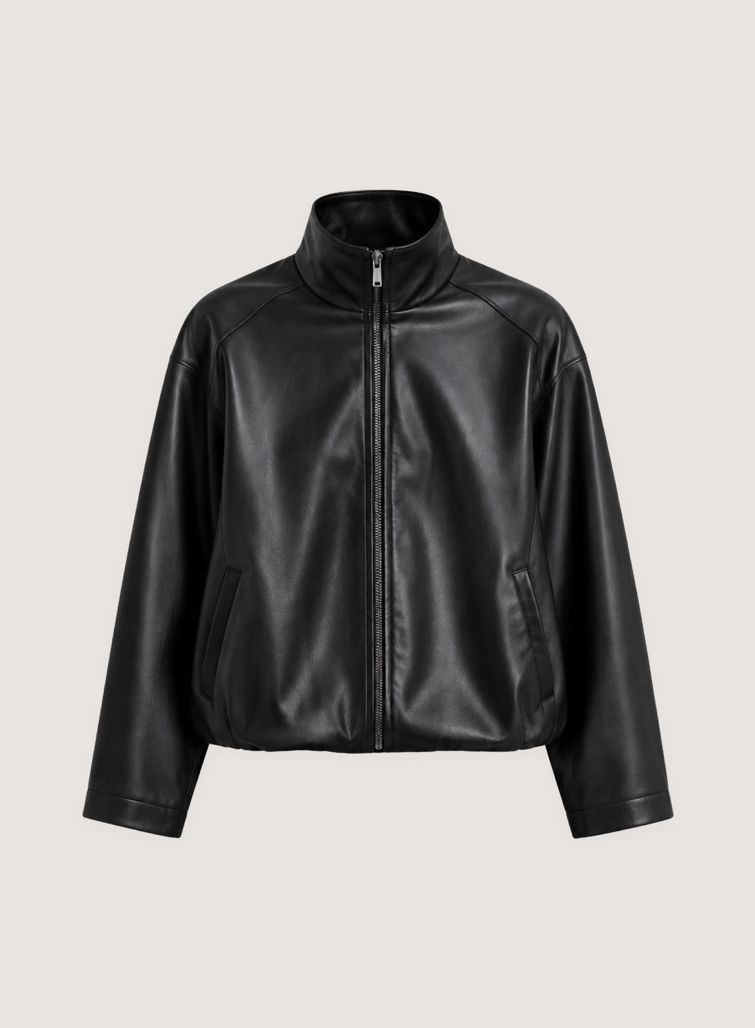 Black Faux Leather Funnel Neck Bomber Jacket